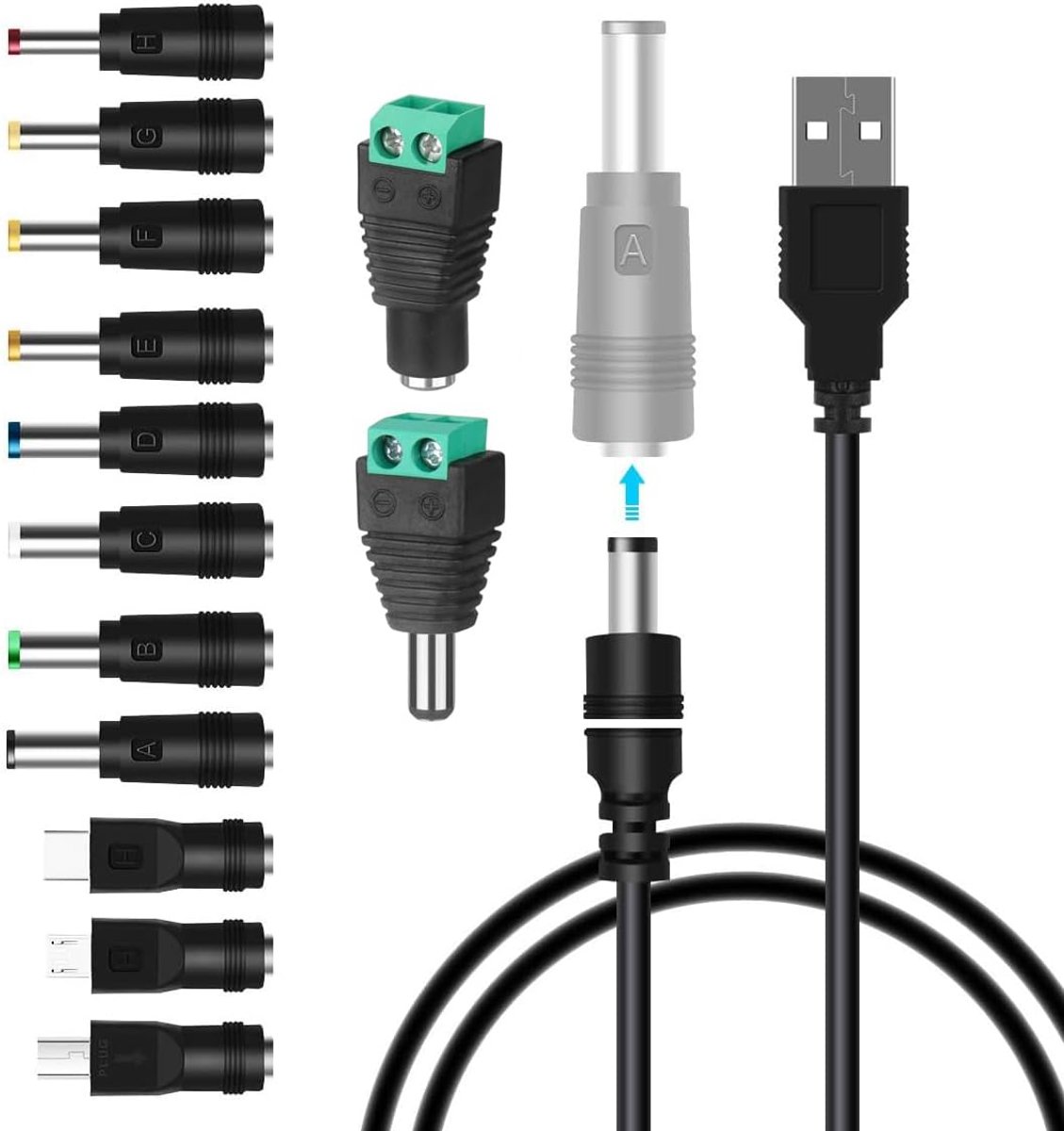 GUUZI USB to DC Power Cable, Universal 5V 5.5x2.1mm Plug Charging Cord with 13 Connectors (Type-C, Micro USB, DC - ShopVlot