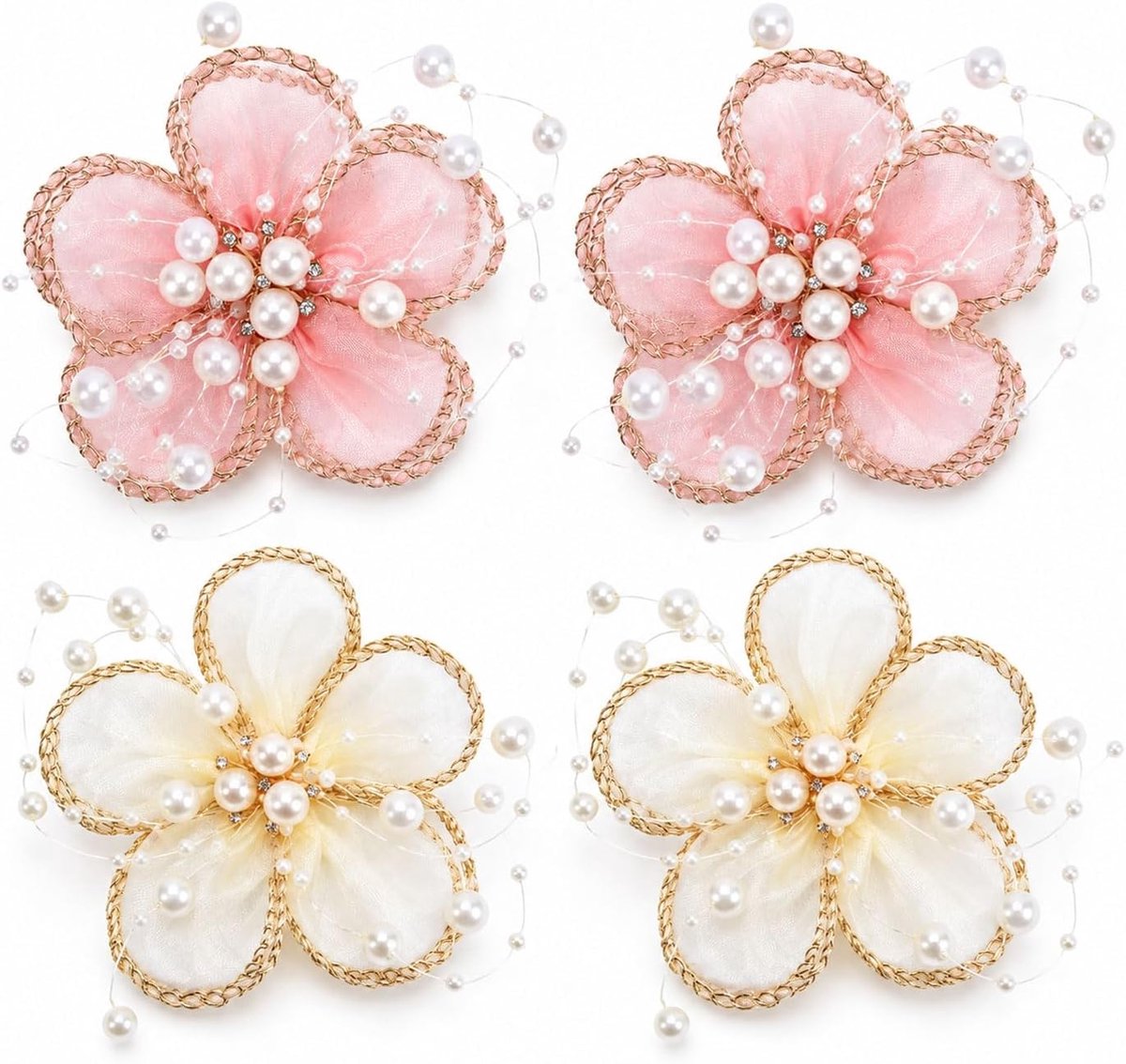 4 Haarklammeren Bloemen Haarversiering Meisje Roze Wit Parel Haarspeld - ShopVlot