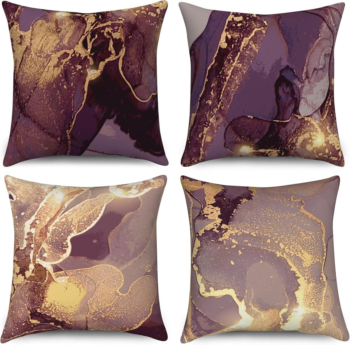 Set van 4 kussenslopen van 40 x 40 cm, violet, goud, kleurverloop, moderne marmerkunst, kussenslopen met verborgen - ShopVlot
