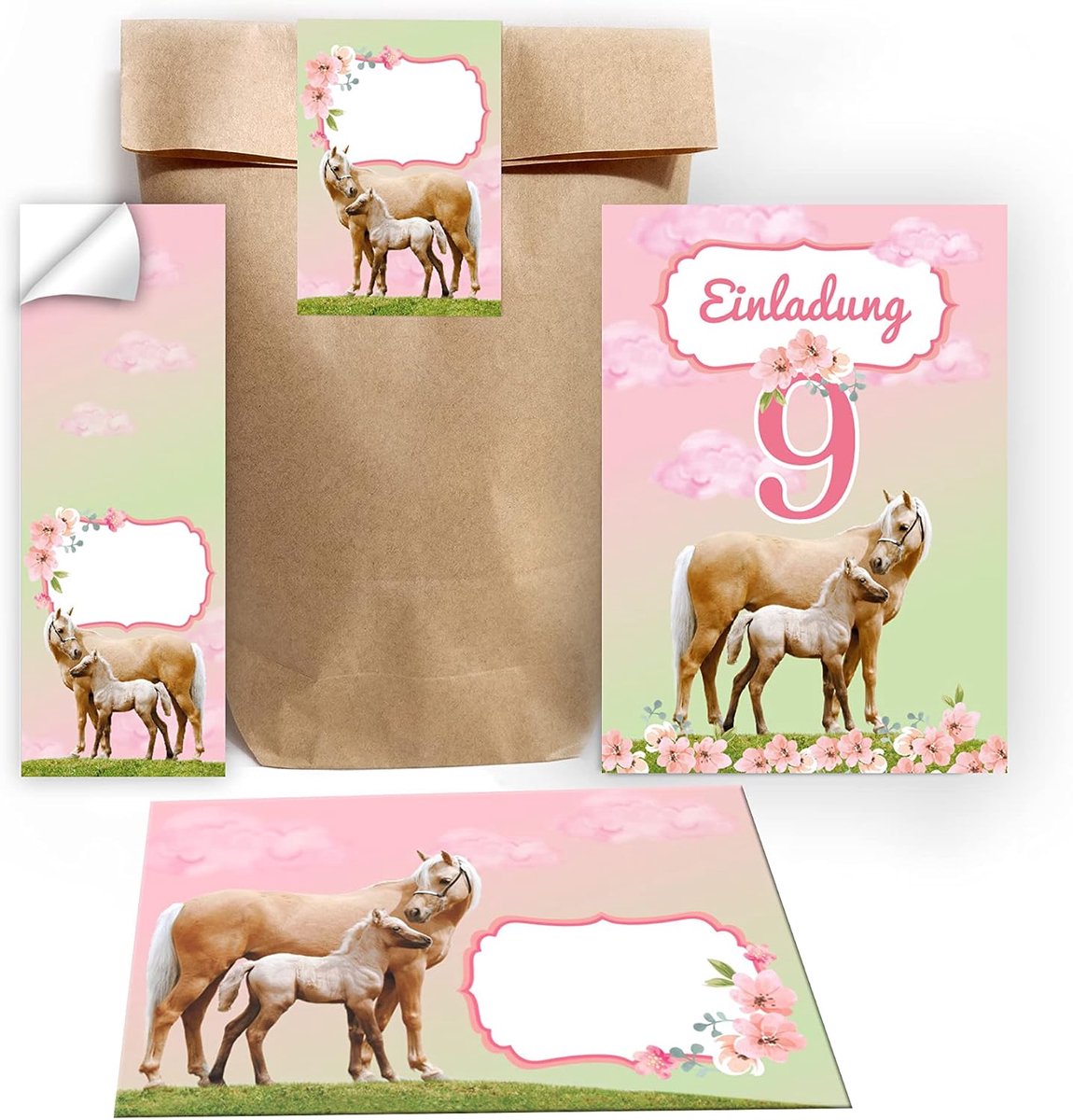 Uitnodigingen 12 stuks - 9e verjaardag meisje - Paard met eenhoorn veulen - Inclusief enveloppen en stickers - ShopVlot