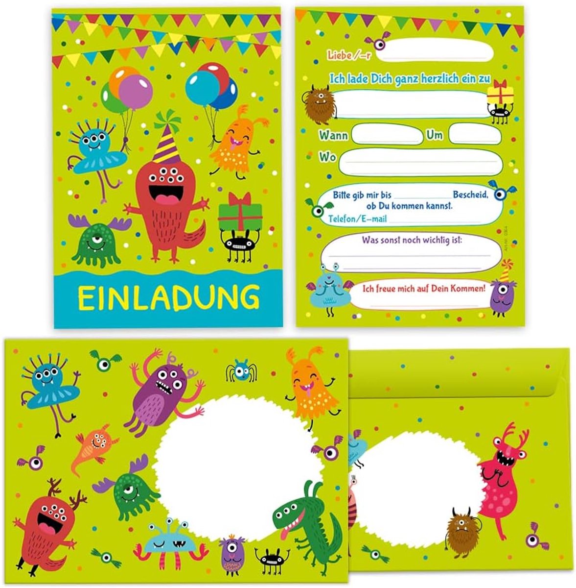 uitnodigingskaarten kinderverjaardag - monsters - 12 stuks incl. enveloppen - eenvoudig in te vullen - ShopVlot