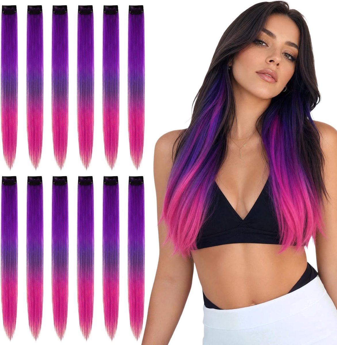 Clip-in hairextensions 12 stuks - ombre paars naar roze - 55 cm lang - stijltransformatie binnen een minuut - ShopVlot