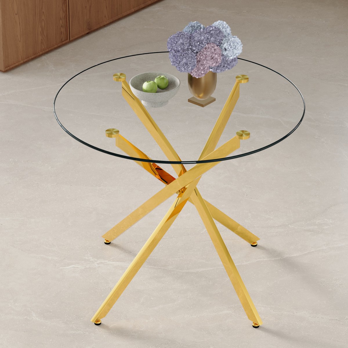 MIVRAY Ronde Eettafel - Compact Design Van Gehard Glas En Gouden Metalen Onderstel - Voor Kleine Eetruimtes - 88 Cm - Goud En Transparant