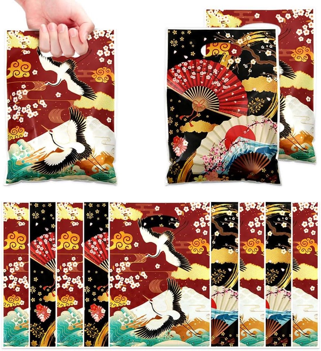 Geschenkzakken 50 stuks - dubbelzijdig ontwerp - Japanse kraan en waaier - herbruikbare tassen voor themafeesten - ShopVlot
