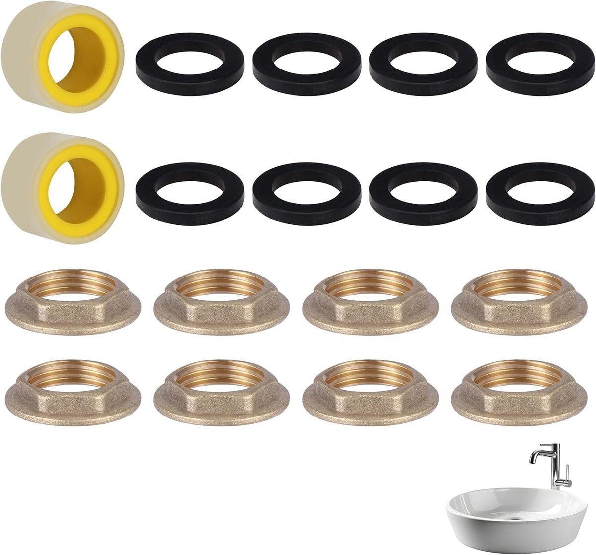 G1/2 messing flensmoeren set - 8 stuks met rubberen afdichtringen - 2 rollen afdichtingstape - perfect voor sanitair - ShopVlot