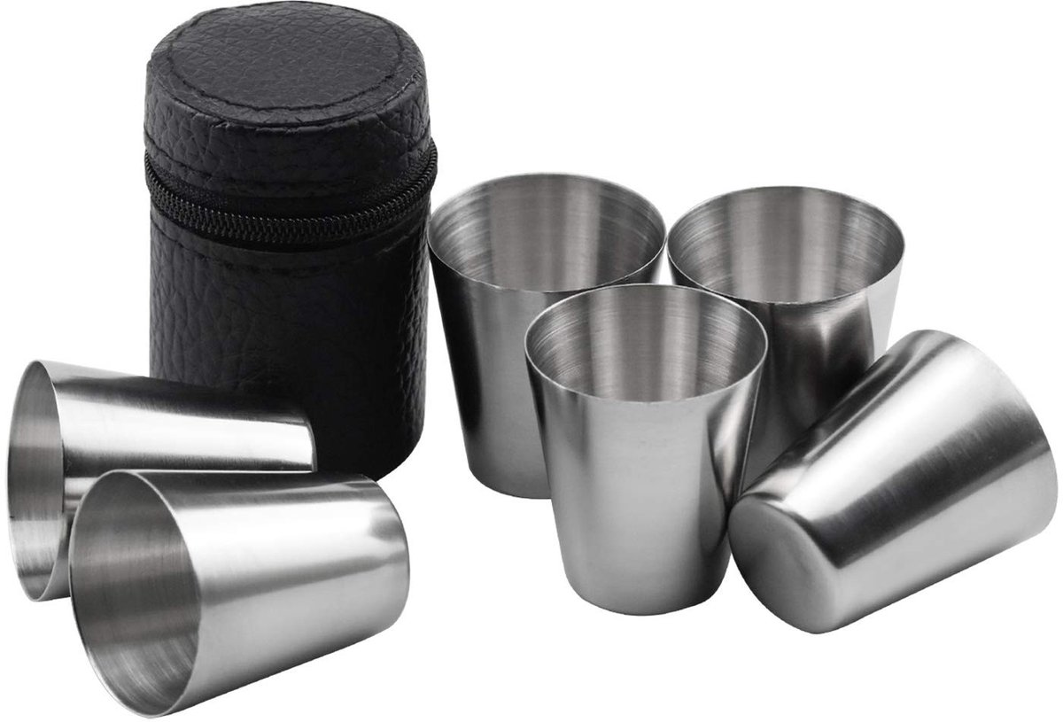 Solidchoice - Set van 6 RVS Drinkbekers met 1 Leren Tas