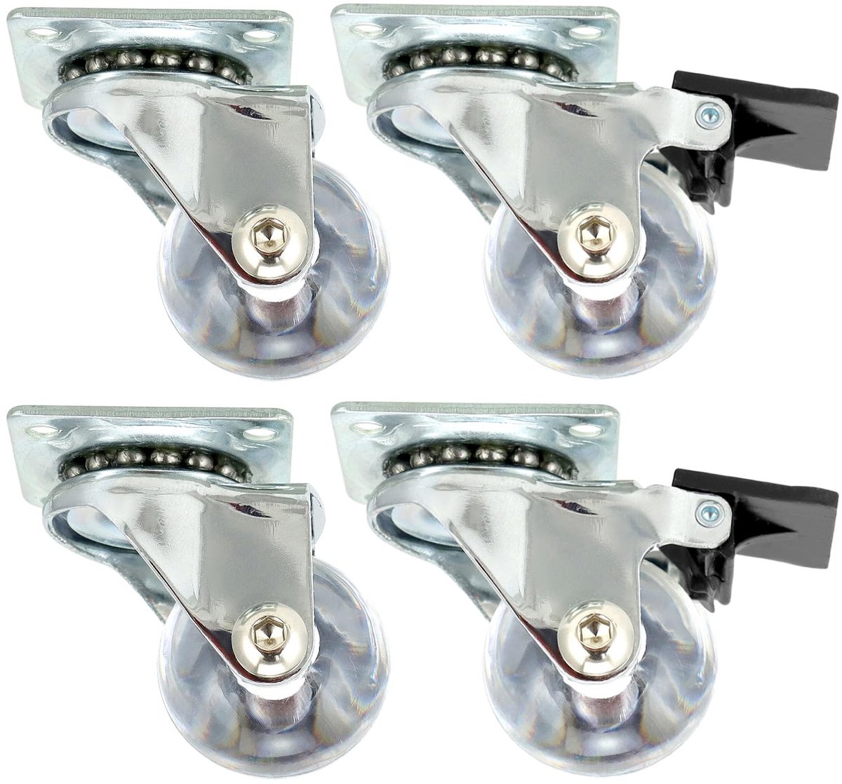 Set van 4 transparante 35mm meubelwielen van polyurethaan, vloerbeschermend, 35kg draagvermogen (2 met rem, 2 zonder rem)