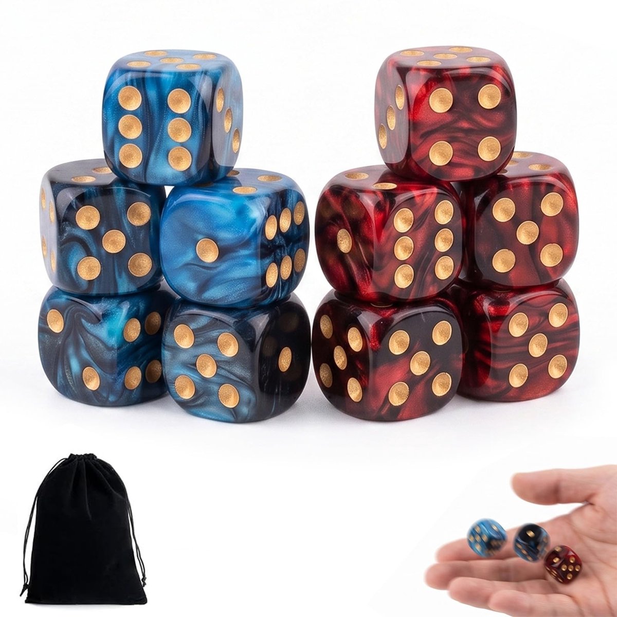 Solidchoice - 10 Stuks Speeldobbelstenen 16 mm met Fluwelen Zakje