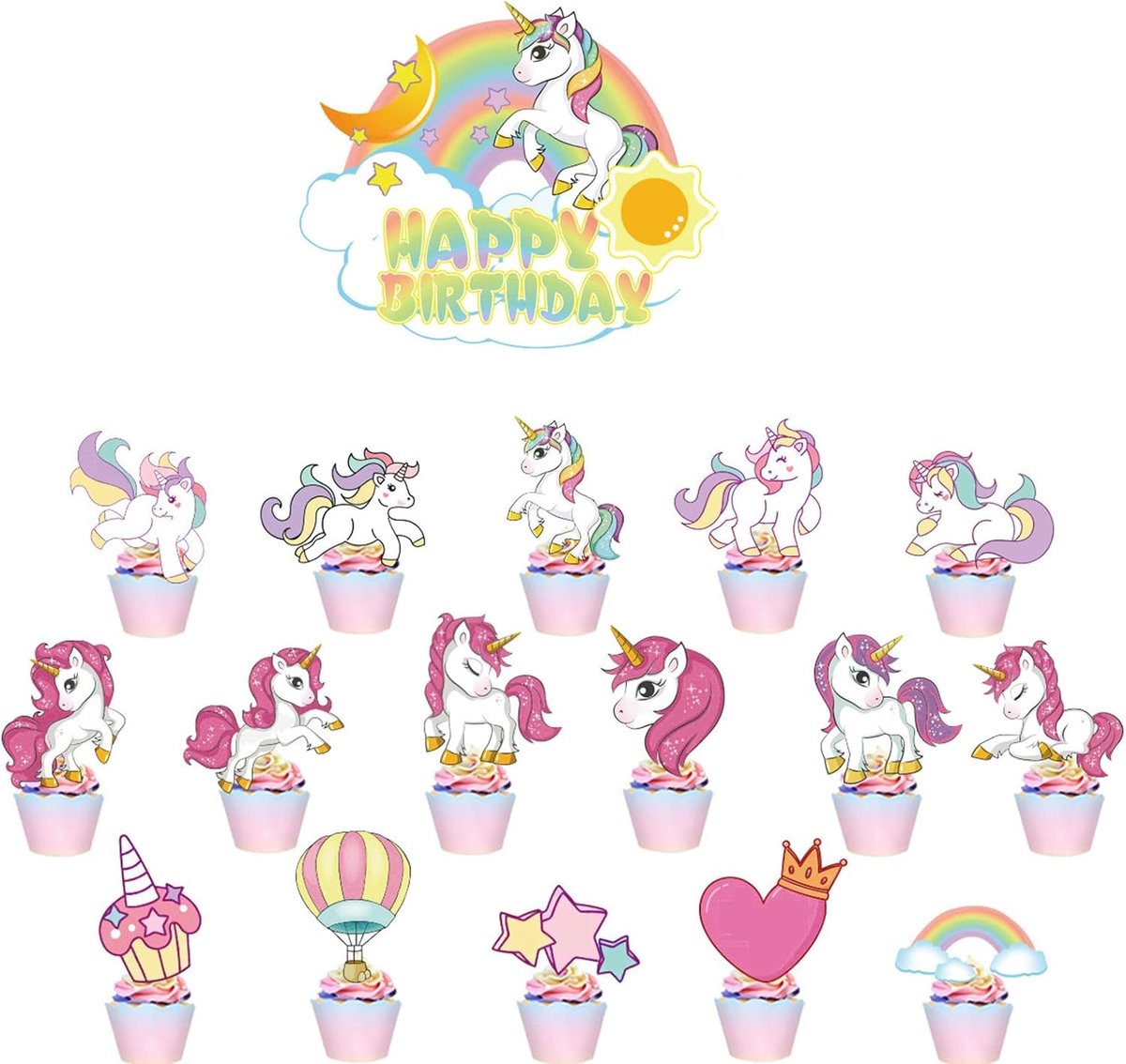 Cake toppers 17pcs - vrolijke eenhoorn cupcakes - kleurrijke vlaggetjes - perfect voor kinderfeestjes - ShopVlot