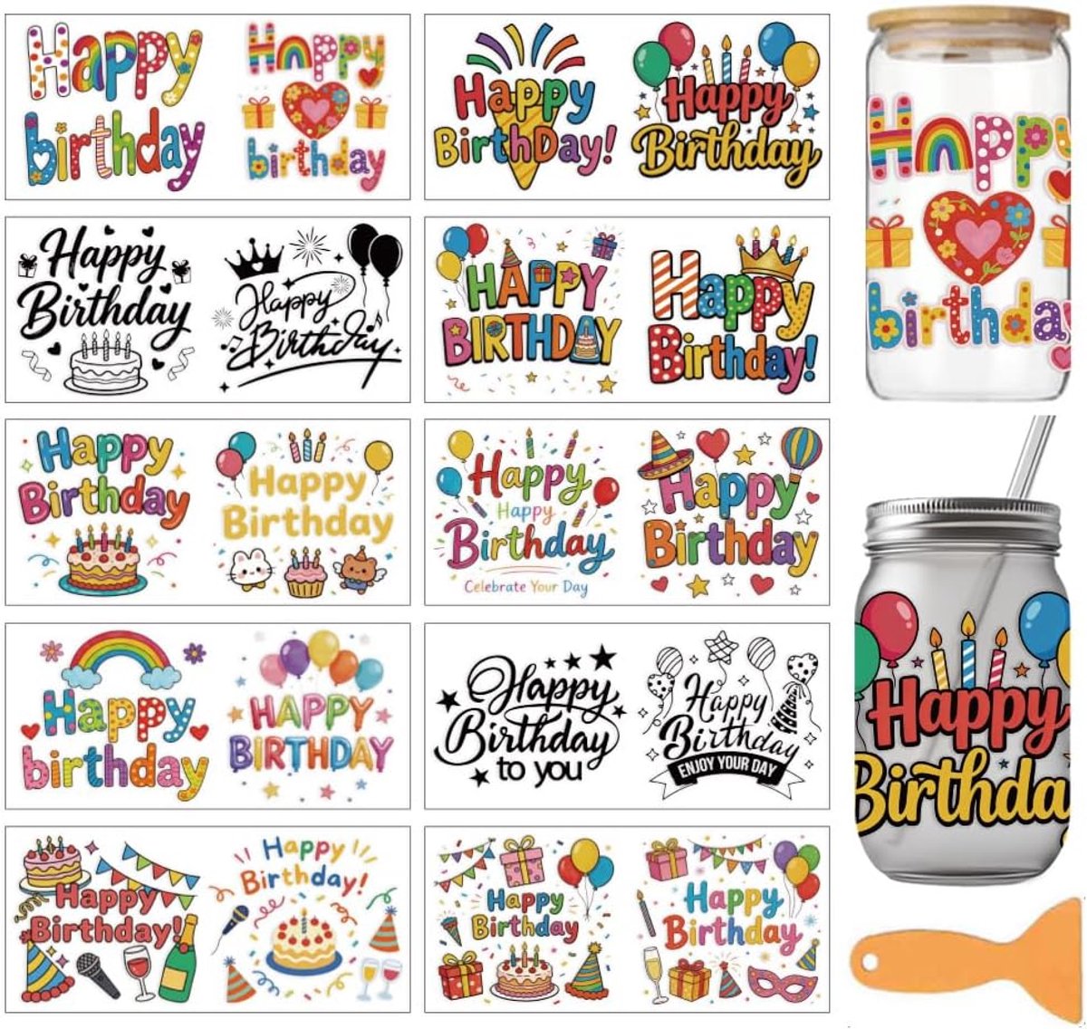Bekerstickers 10 vellen - PVC - Happy Birthday patroon - versier glazen en raamdecoratie - ShopVlot