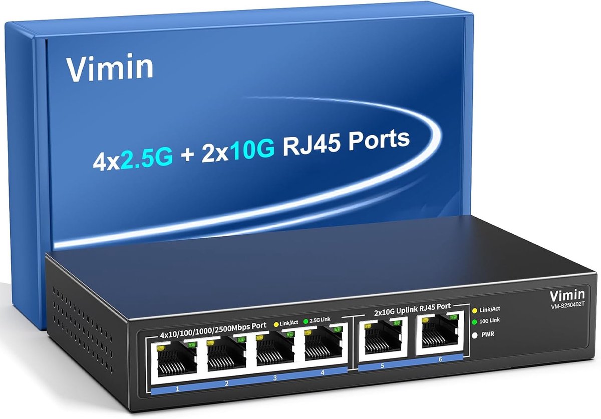 Ethernet switch 6 poorten 10G/2.5G - 4x 2.5G + 2x 10G RJ45 - 60Gbps capaciteit - ideaal voor NAS/PC - ShopVlot