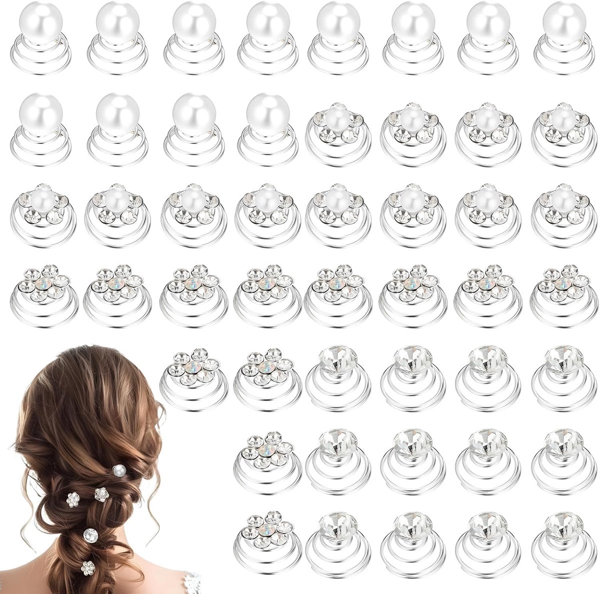 48 Pieces Wedding Hair Spirals, 4 Styles Bridal Hair Accessories Flower Crystal Accessories Wedding Hair Accessories - ShopVlot