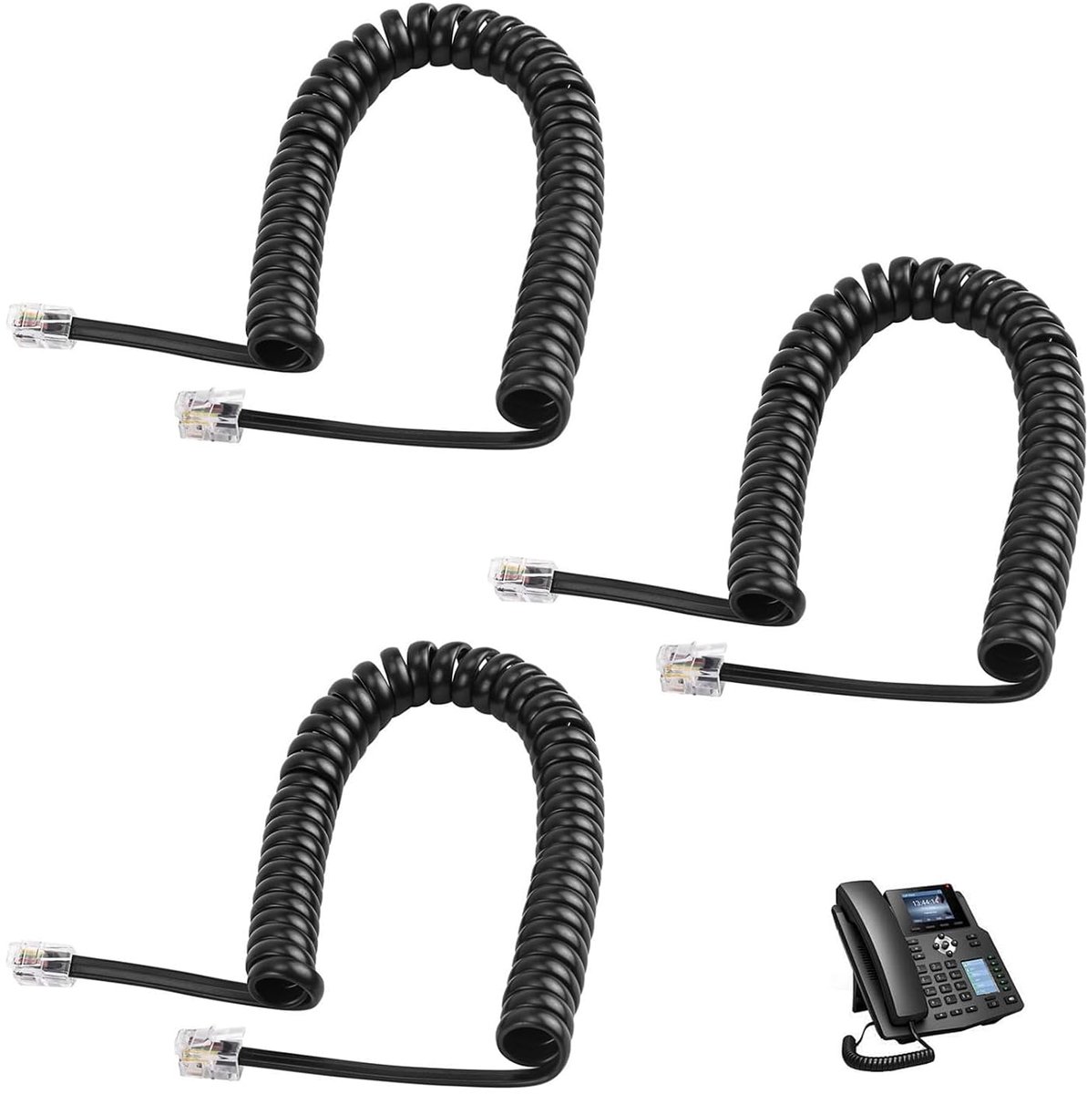 3 Pcs Handset Telephone Cable Fixed Telephone Cable RJ9 4P4C Spiral Binding, Black, 5 Metres, Telephone Cable with - ShopVlot