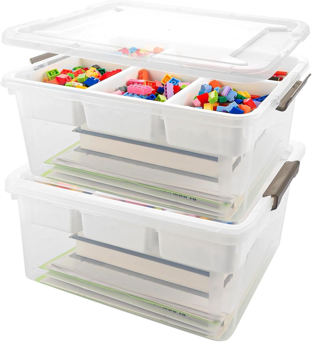 YOUNTHYE Set van 2 opbergdozen met vakken, 40,5 x 29,5 x 18,5 cm, stapelbare sorteerdoos, groot, voor bouwstenen en - ShopVlot