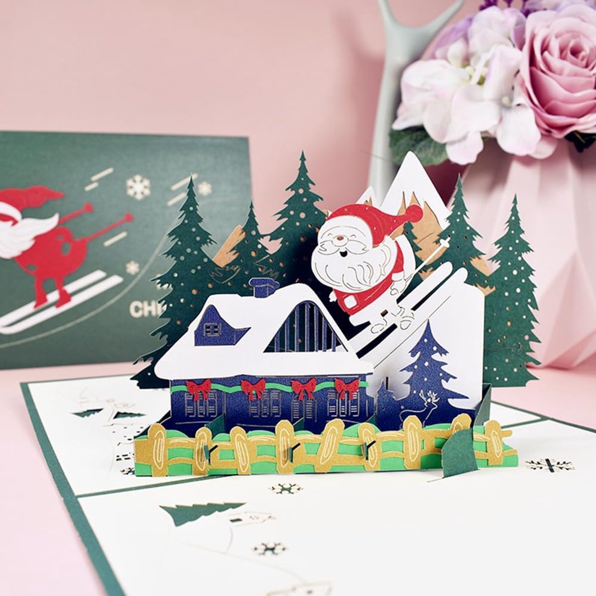 3D Christmas Greeting Card, Pop Up Santa Claus, Ski Greeting Card, Folding Card with Envelope - ShopVlot