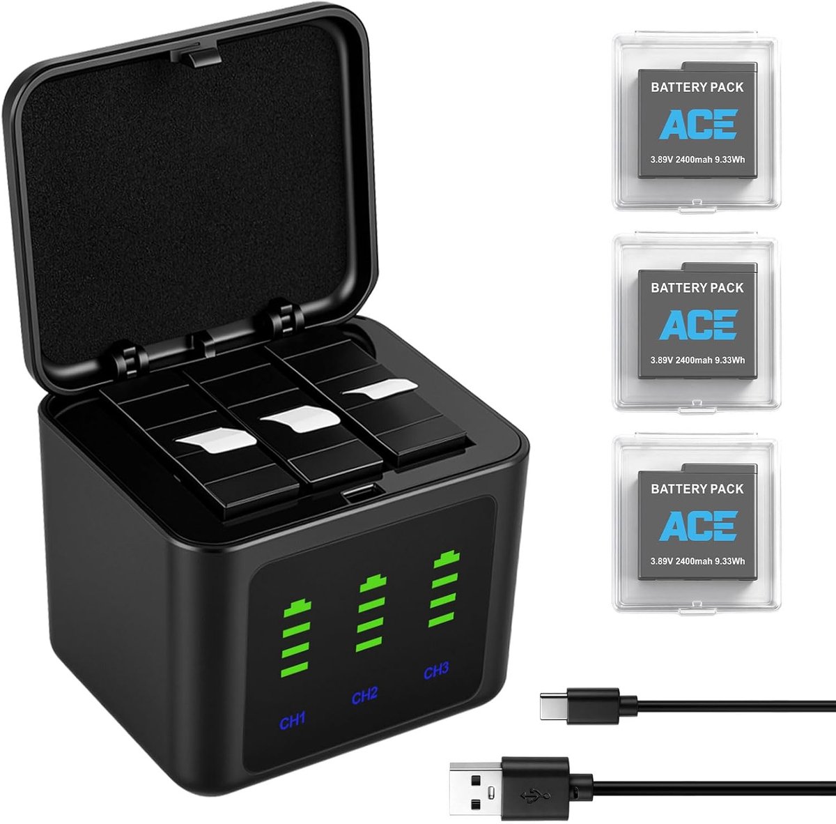 ASUNCELL 3 stuks 2400mAh/3,89V vervangende accu voor Insta-360 Ace Pro 2/Ace Pro/Ace, met 3-kanaals oplader - ShopVlot