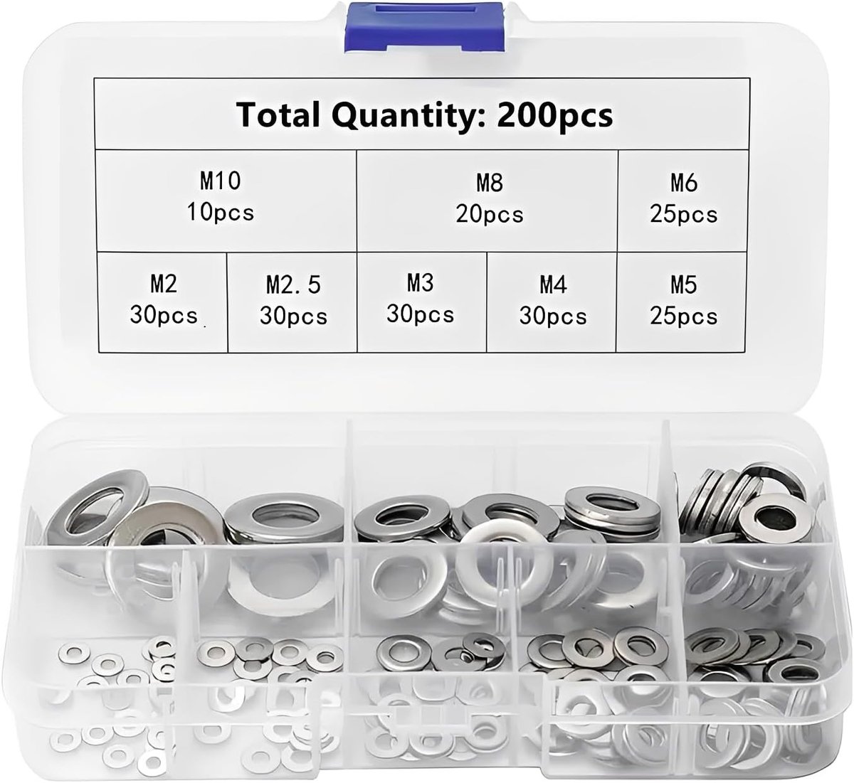 Set van 200 sluitringen, roestvrij staal, assortiment plat, voor schroeven en bouten, carrosserieschijven set - ShopVlot