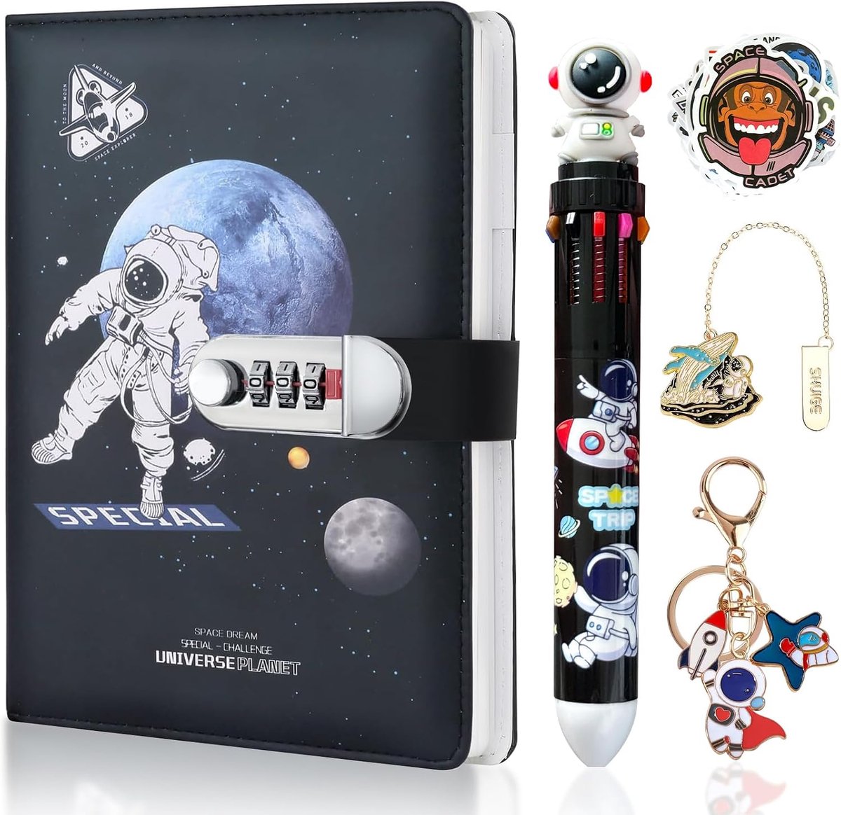 Children's Diary Space Notebook with Combination Lock, 240 Pages, Feelings Diary for Children, with 10 Colours Pen - ShopVlot