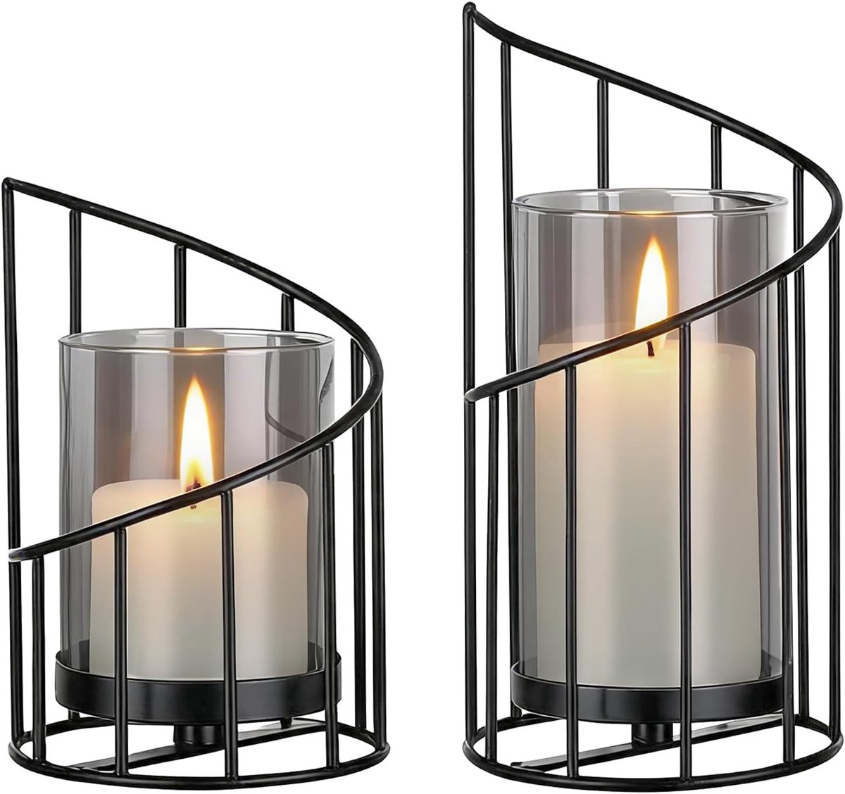 Decoratieve kandelaar, zwart, 2 stuks (kaarsen niet inbegrepen), metalen sokkel met glazen cilinder, lantaarns - ShopVlot