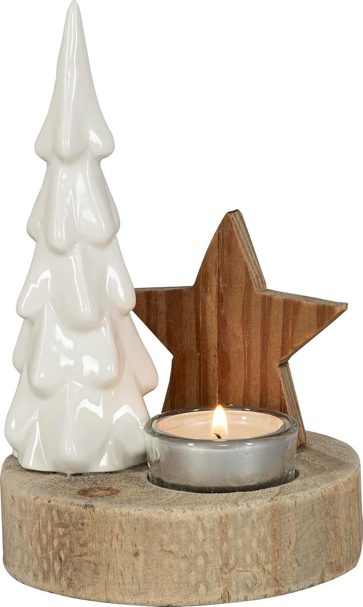 HGD Holz Glas Design Wooden and Ceramic Decoration with Tea Light Holder, Star and Tree, Festive Christmas Decoration - ShopVlot