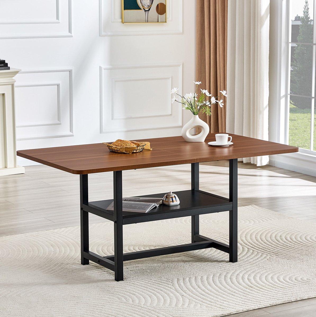 COVREO Eettafel 160x90x76 cm walnootkleur, MDF met metaal, opbergrek