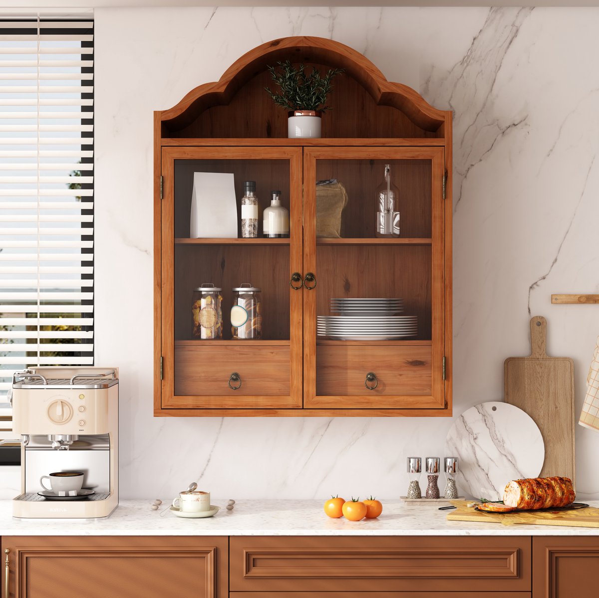 OKWISH Wandkast - Gebogen Golfdak Met Glazen Deuren En 2 Laden - Verstelbare Planken - Bruin Hout - 60 x 22 x 76,5 cm