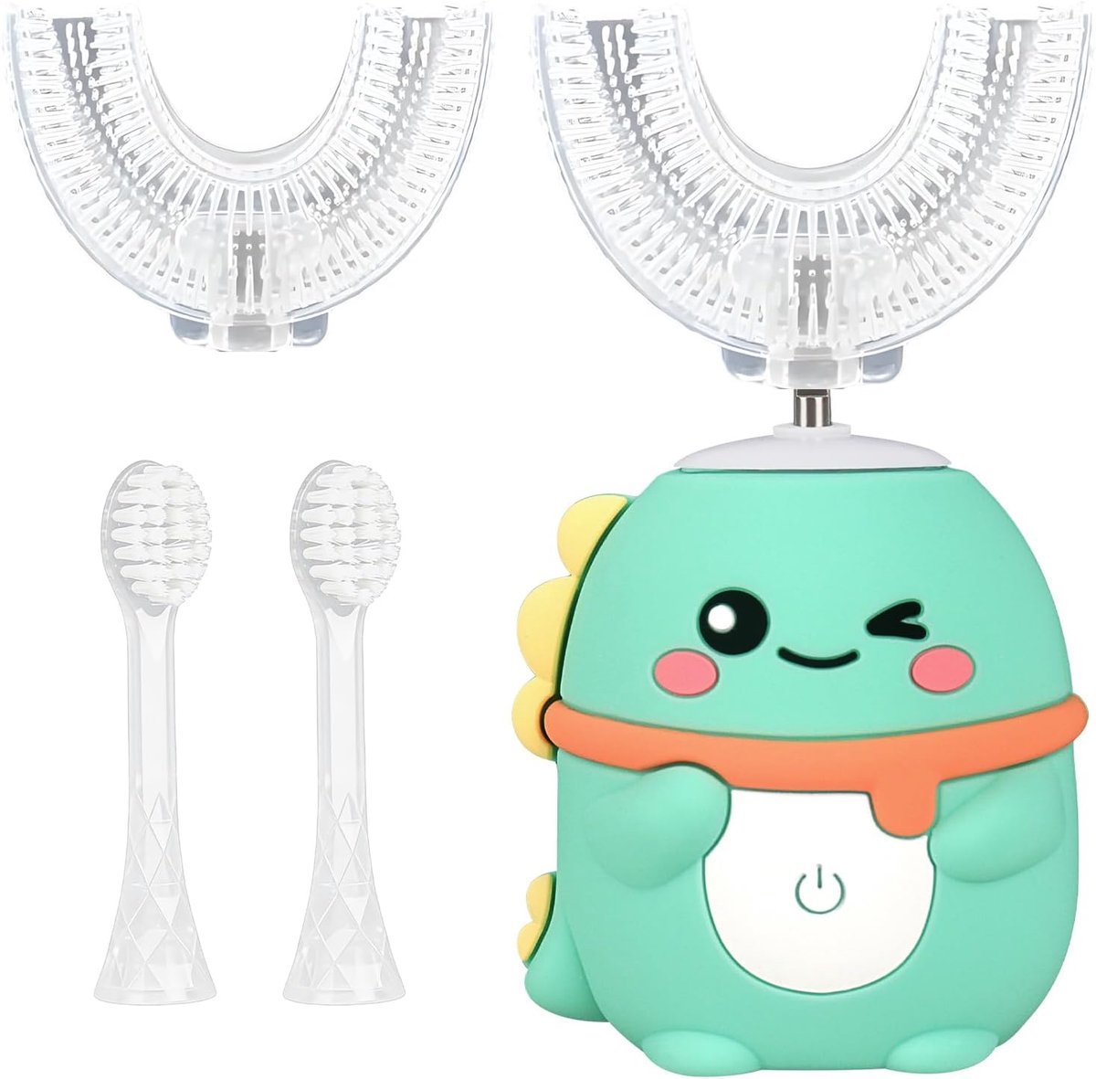 360º Children's Ultrasonic Toothbrush, Electric Children's Toothbrush with 2 U-shaped Silicone Brush Heads & 2 Soft - ShopVlot