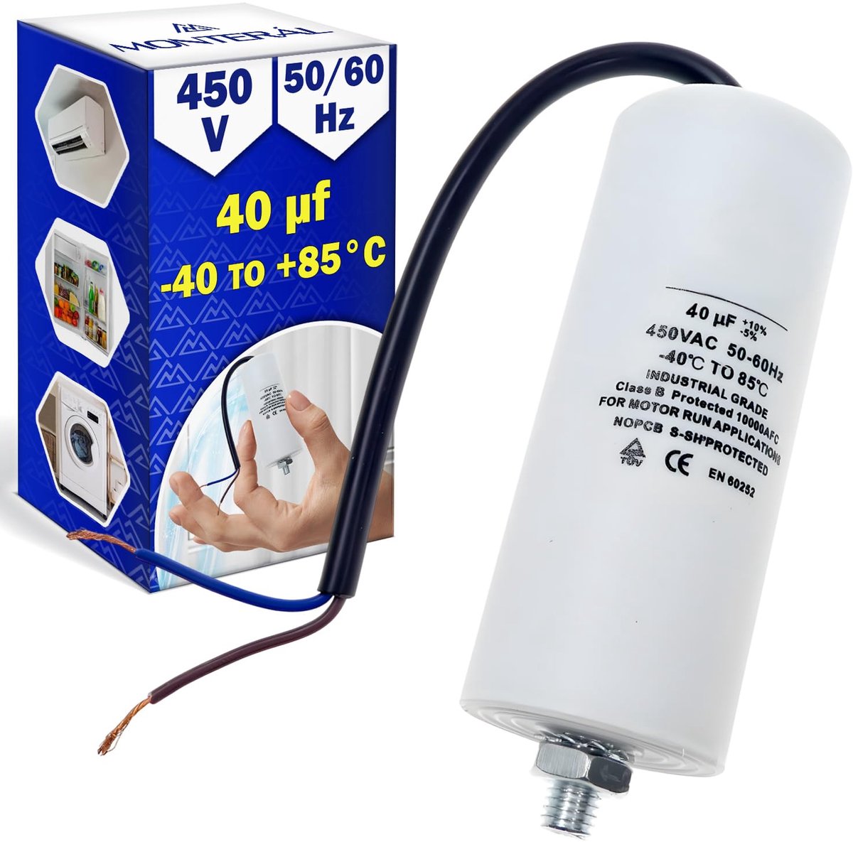 Condensator voor wasmachine 40 uF - 450 V - 50/60 Hz - betrouwbaar in extreme temperaturen - ShopVlot