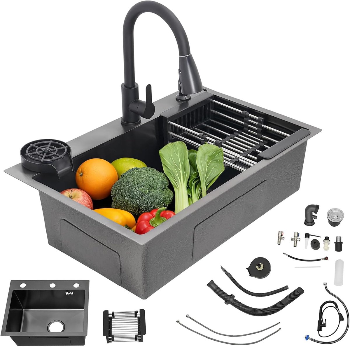 Spoelbak 55 x 45 cm - zwart roestvrij staal - uittrekbare kraan met zeepdispenser - flexibele bediening - ShopVlot