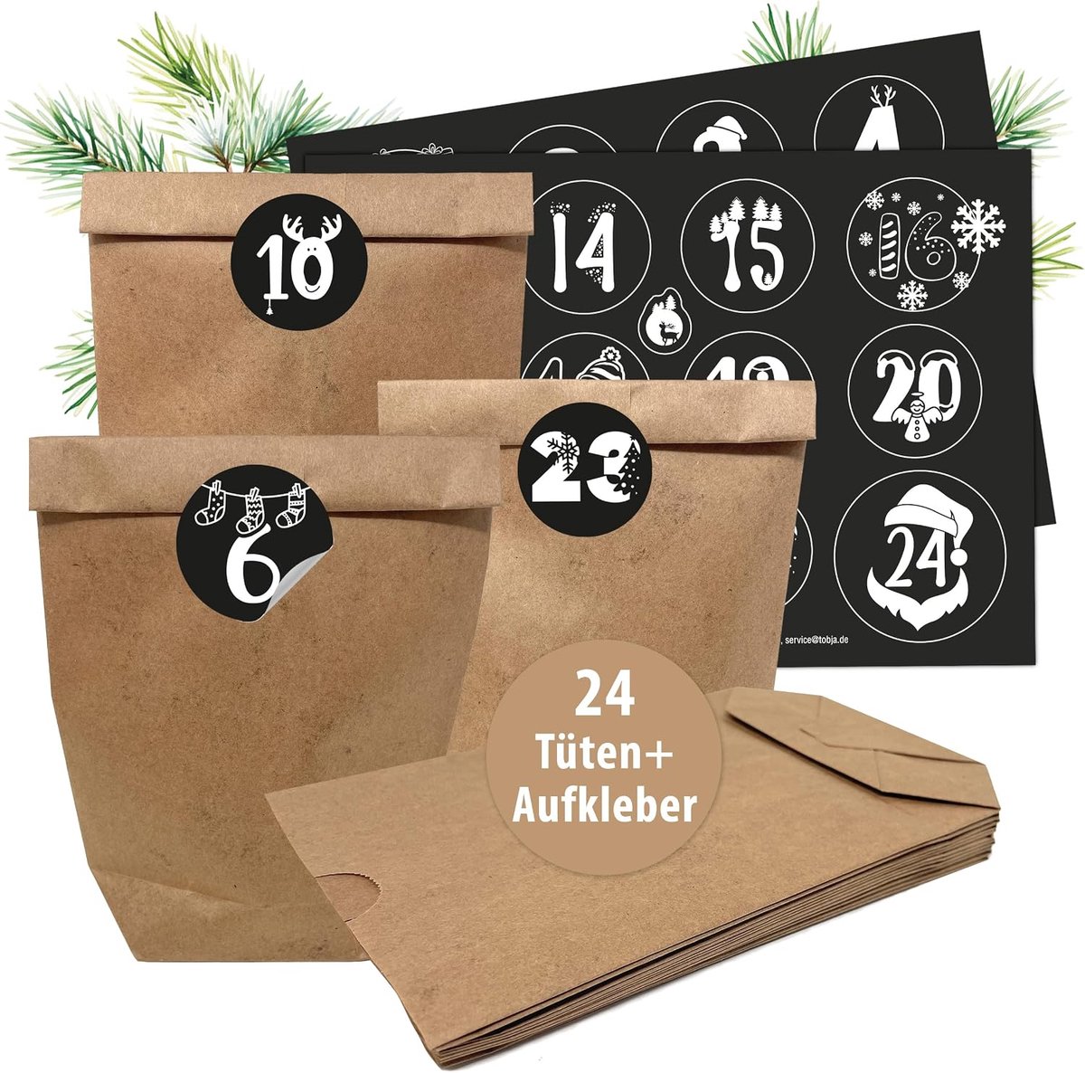 Adventskalender vullen - 24 XL kraftpapier zakken - stickers inbegrepen - zelf in te vullen voor kinderen - ShopVlot