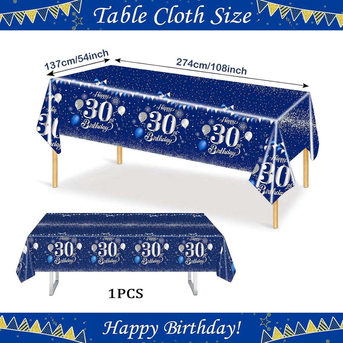 Tafelkleed 137 x 274 cm - Blauw met Zilver - Voor 30ste Verjaardag - Feestdecoratie voor Tafel - ShopVlot
