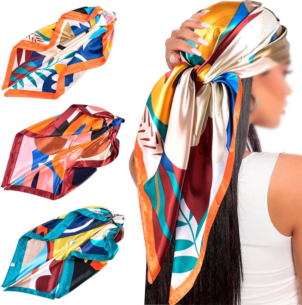 Sjaal 3 Stuks - Grote Vierkante Satijnen Sjaals - Zijden Hoofddoek met Klassiek Patroon - Perfect voor Elke Gelegenheid - ShopVlot