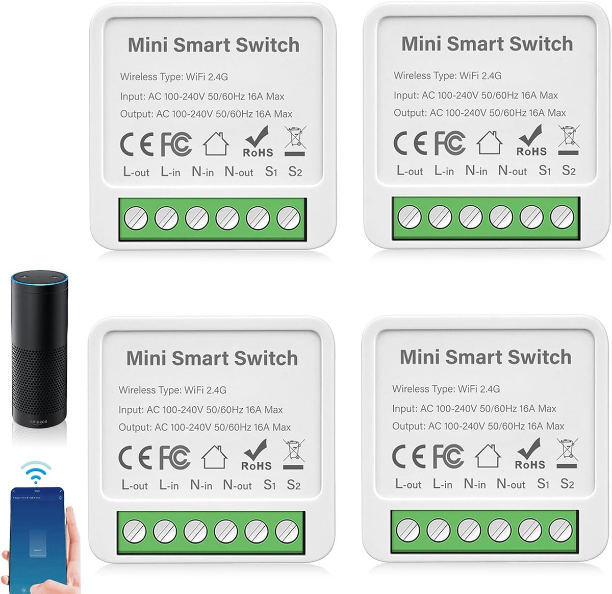 Slimme lichtschakelaar 4 stuks - Mini 2-weg module - WiFi bediening - Maak bestaande schakelaars slim - ShopVlot
