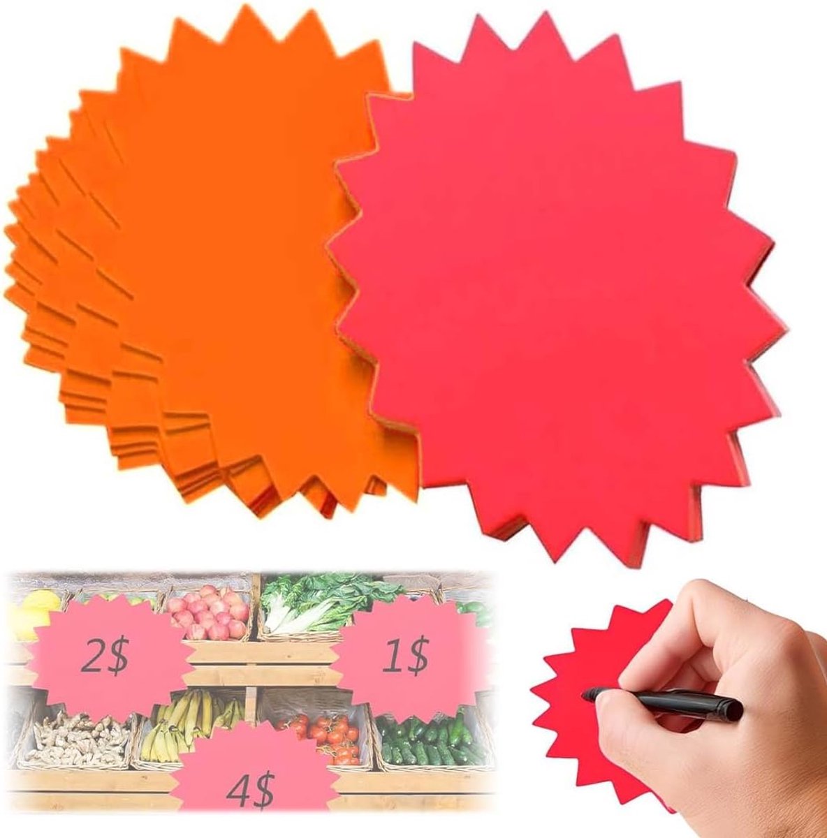 Prijskaartjes 100 stuks - 5 x 7 cm - oranje en rozerood - stervormig voor detailhandel - ShopVlot