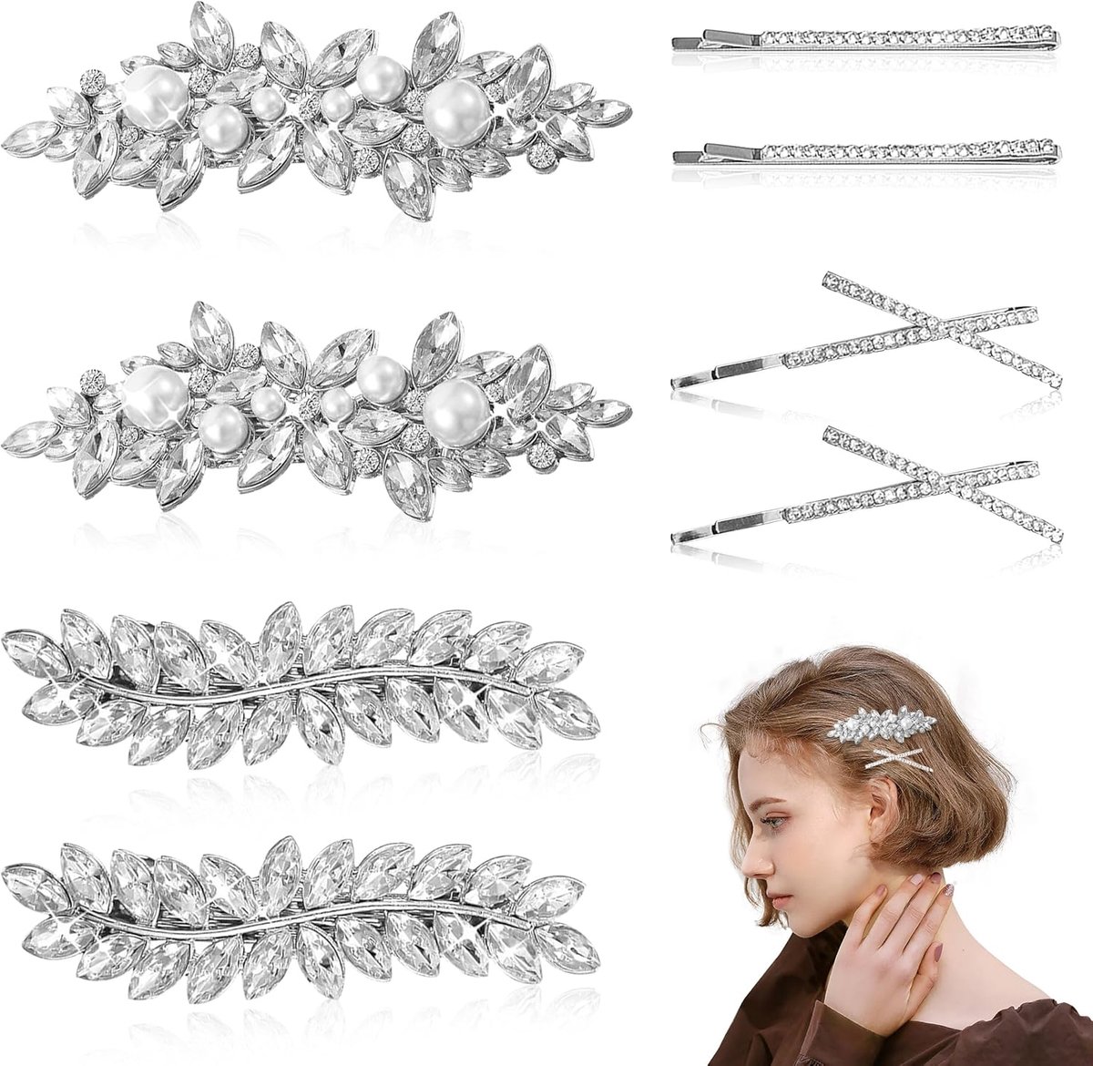 Haarspelden met rhinestones - 8 delige set - zilver - elegante haaraccessoires voor bruiloften - ShopVlot