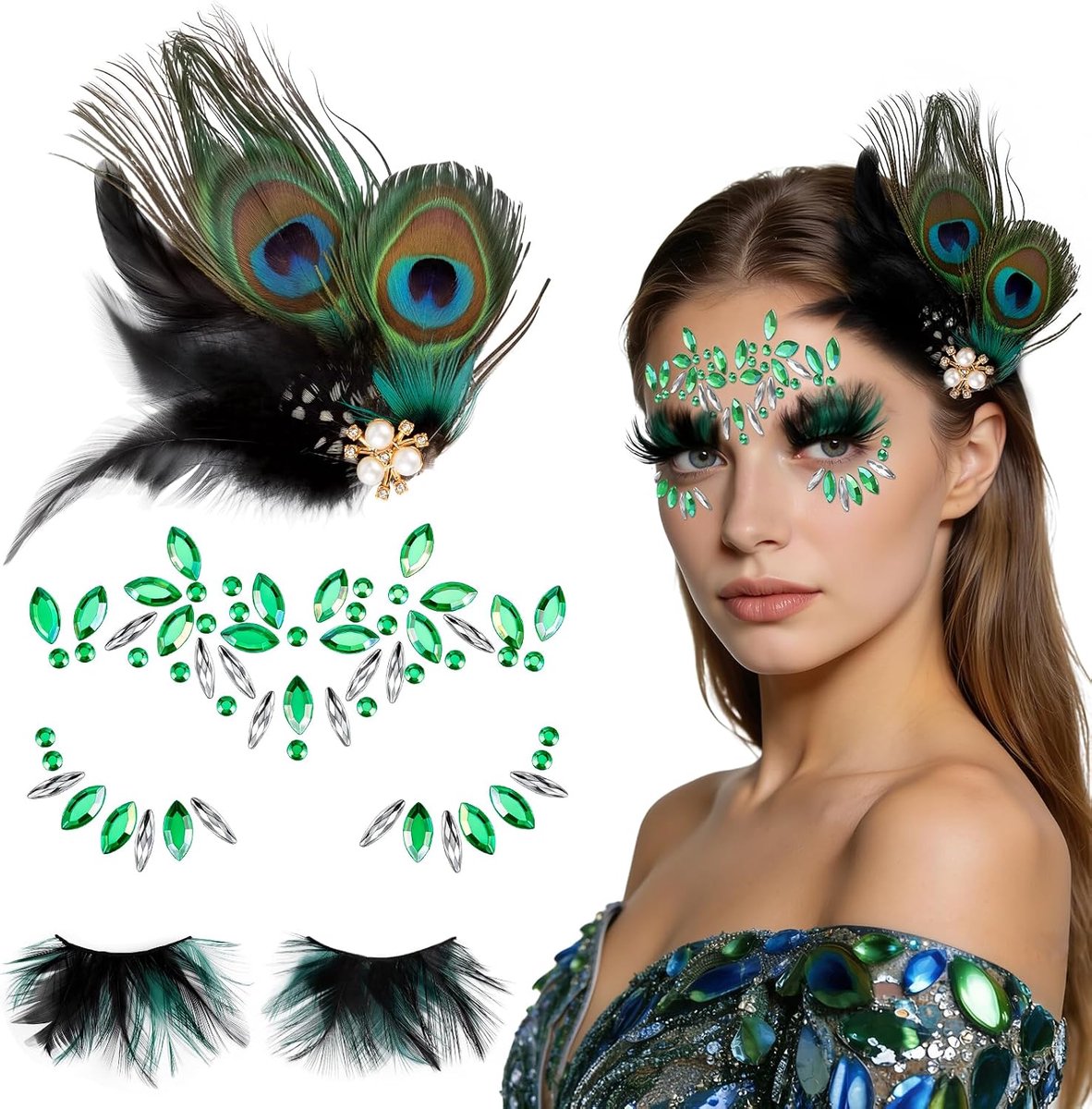 Peacock kostuumaccessoires 4-delig - Glitters - Verenhoofdband en wimpers - Perfect voor festivals - ShopVlot