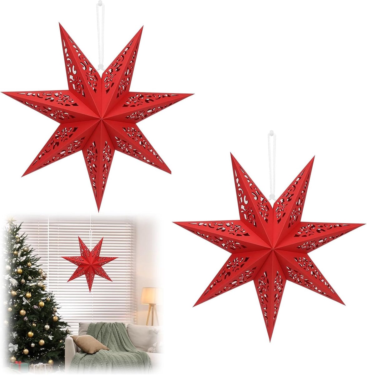 Papieren sterren kerstdecoratie 2 stuks - 45 cm, 7-puntige ster - stevig papier, herbruikbaar - ShopVlot