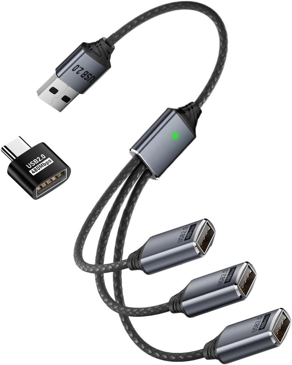 CY HUB USB 2.0 Type-A to 3 Port Hub Cable Bus Power Supply 1 to 3 Data for Laptop Desktop Phone Mouse Keyboard Printer - ShopVlot