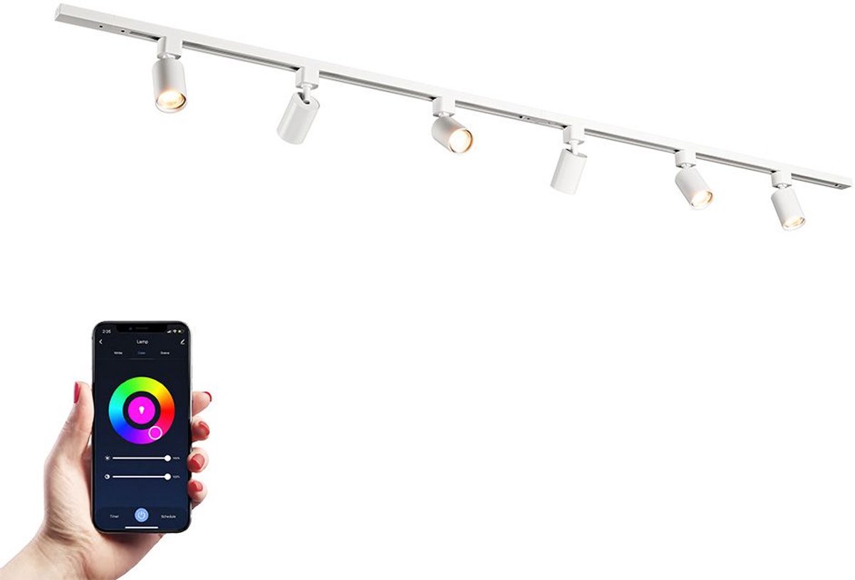 HOFTRONIC railverlichting pakket recht – 2x 1 meter rails – 6 dimbare RGBWW GU10 railspots – aluminium wit – IP20 – modulair – 230V – smart track lights woonkamer keuken