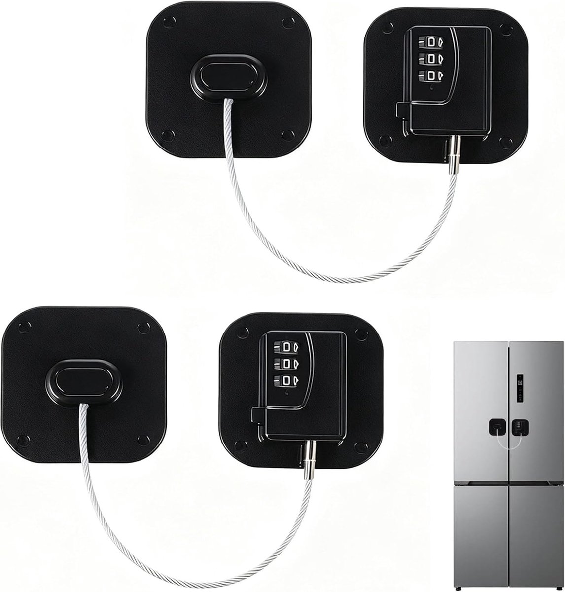 Pack of 2 Refrigerator Lock with Code, Black, No Drilling, Self-Adhesive, Child Safety, Easy Installation - ShopVlot