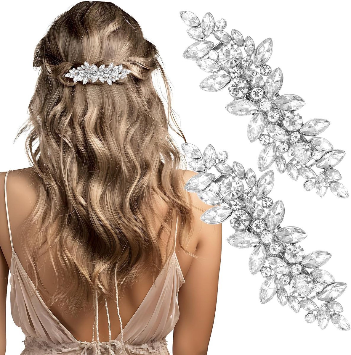2pcs Rhinestone Hair Clips for Women, Silver Bridal Barrettes, Vintage Wedding Hair Pins, Silver Sparkling Crystal - ShopVlot