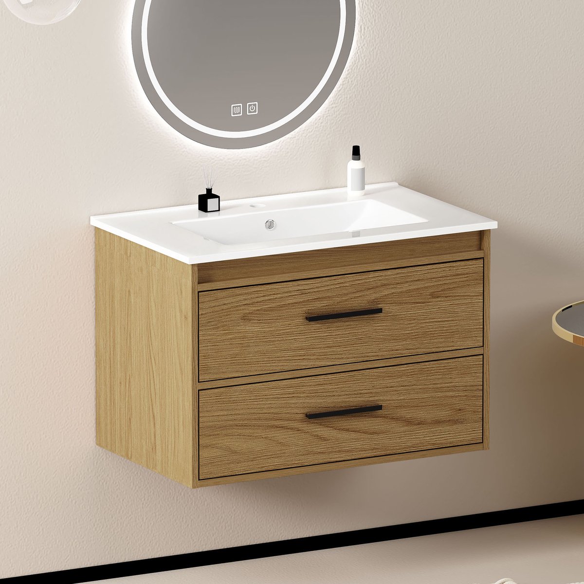 COVREO Badkamerkast 73,8 x 46 x 52 cm licht eiken, MDF met 2 lades