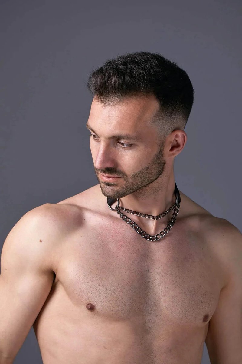 Heren Harness Choker Halsketting Zwart Kunstleer met Ketting en Ring Details Standaard Maat