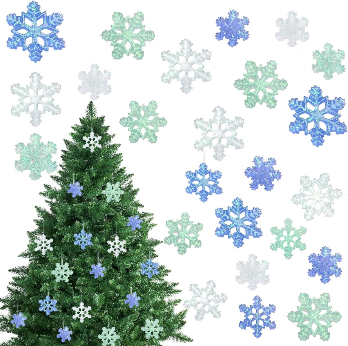 Kerstartikelen mini sneeuwvlokken - glitterend - set van 63 - voor sfeervolle winterdecoratie - ShopVlot