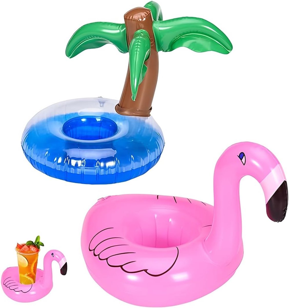 Opblaasbare drinkhouders - flamingo en kokosnoot palm - vrolijk design - perfect voor zwembadplezier - ShopVlot