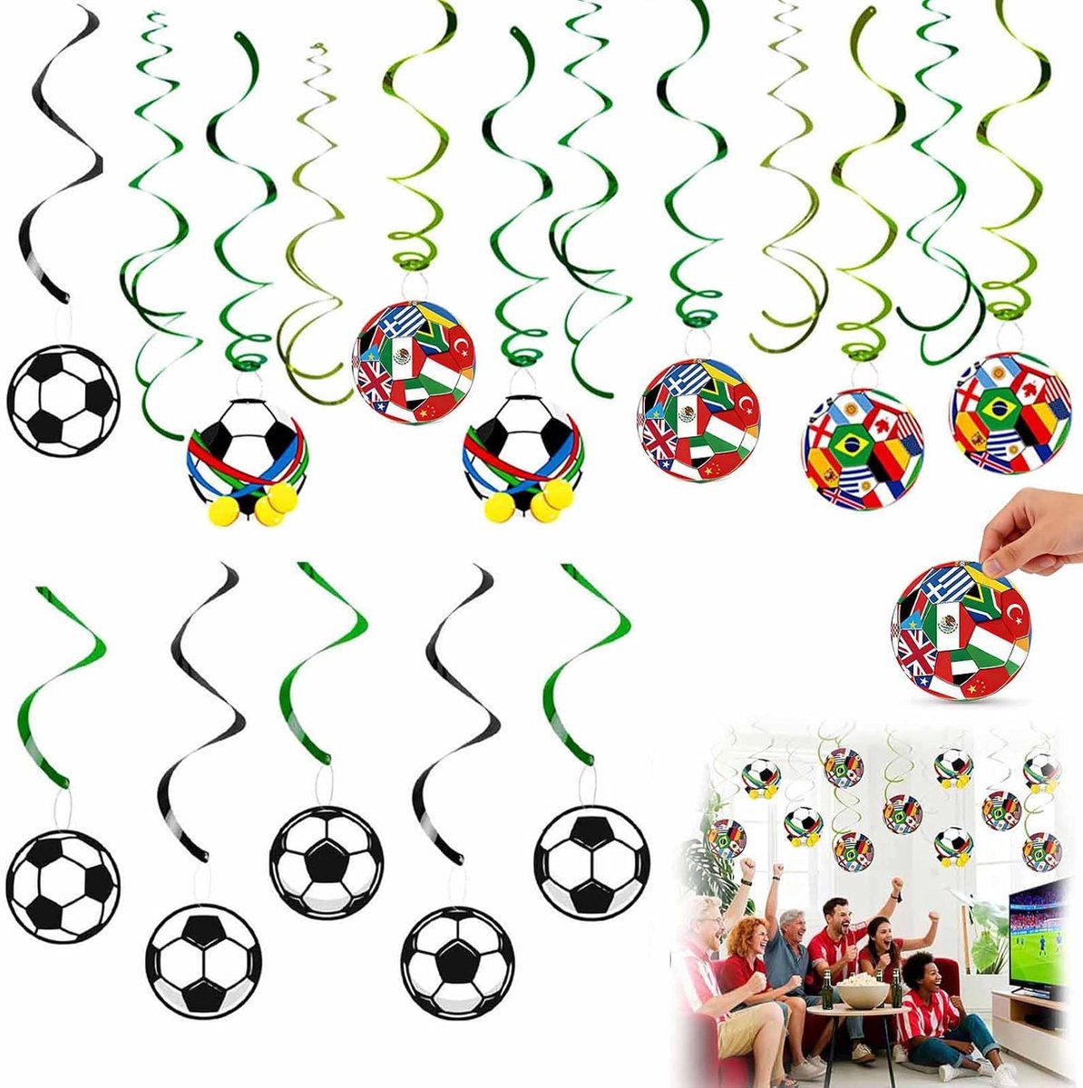 Voetbaldecoraties set van 24 - Hangende slingers en vlaggen - Perfect voor voetbalfeest of sportevenement - ShopVlot