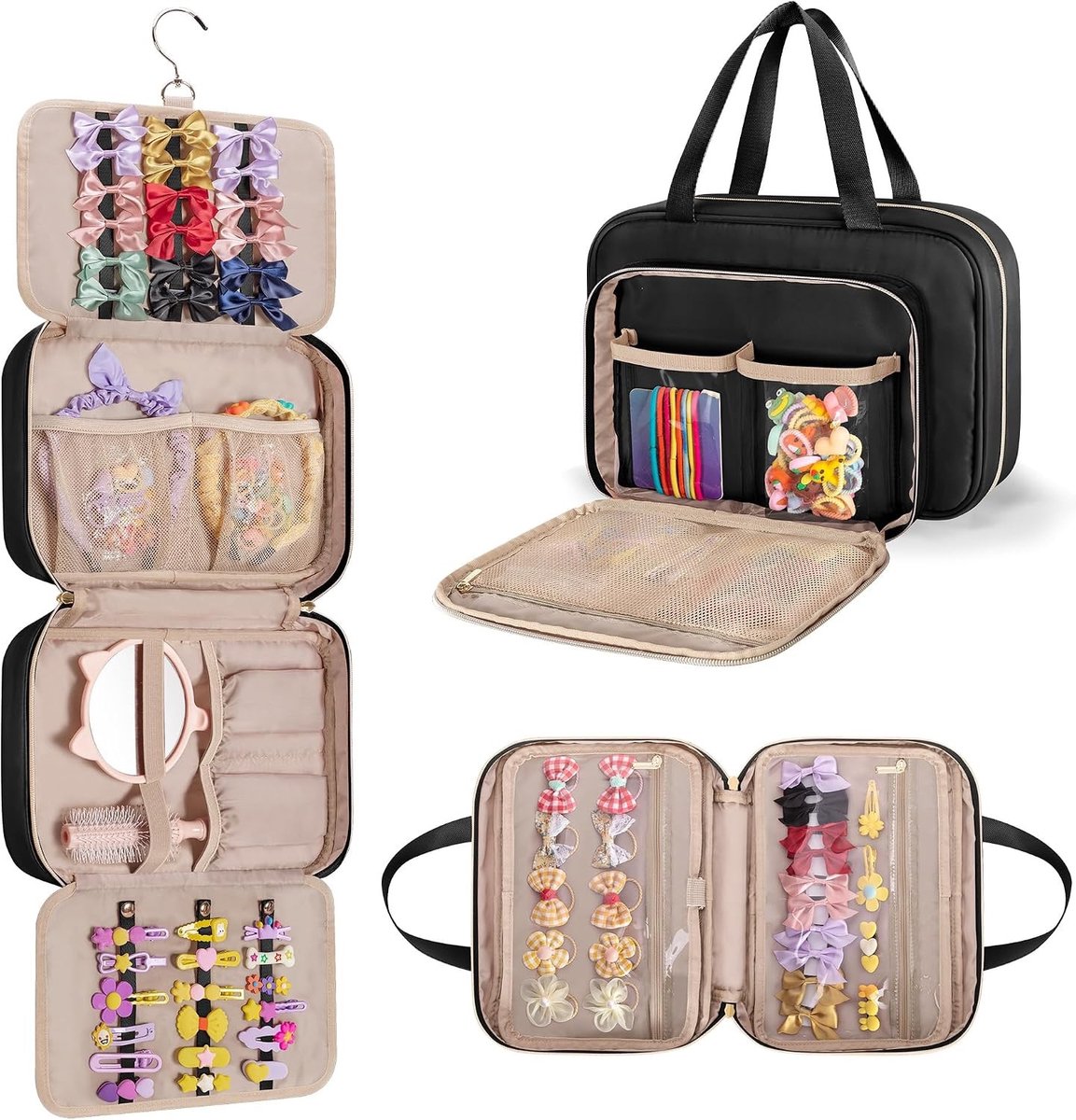 Haaraccessoires Organizer voor Meisjes, Hangende Opbergzak voor Haarstrikken, Haarbanden en Scrunchies, Zwart (Lege Tas)