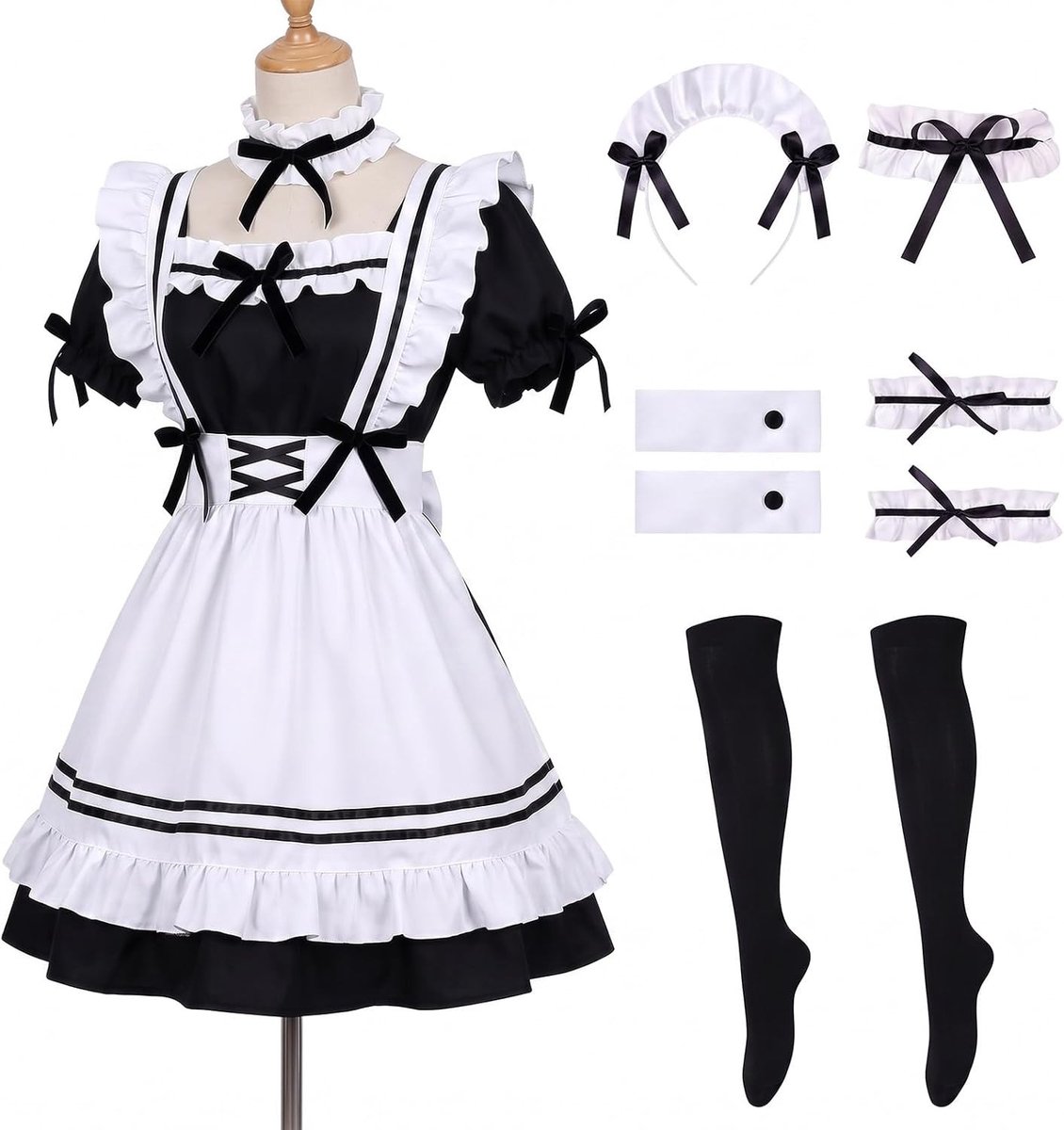 Anime Franse Dienstmeisje Outfit Lolita Cosplay Kostuum met Haaraccessoires, Handschoenen en Sokken voor Halloween en Carnaval