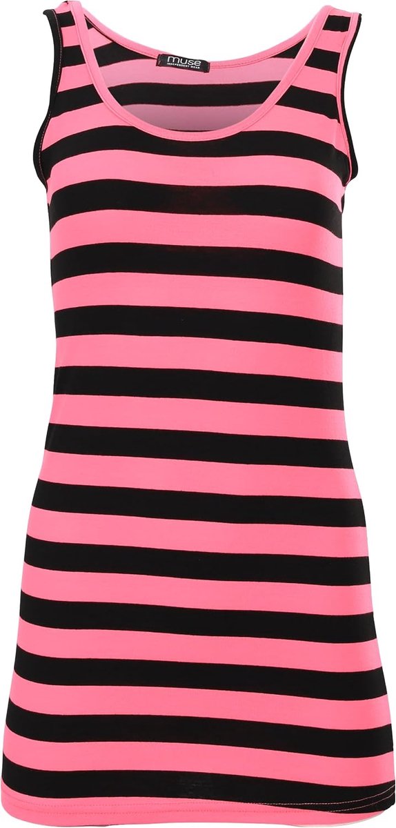 Tanktop dames extra lang - zwart-roze gestreept - skinny fit - perfect als ondershirt - ShopVlot