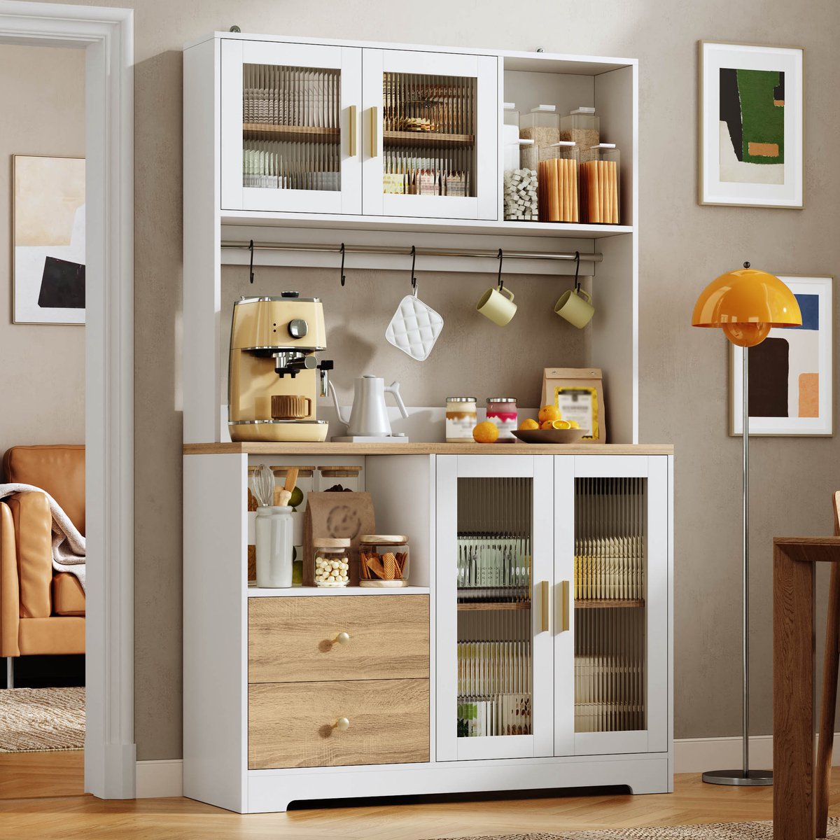 DESMIU Keukenkast - Hoog Model Met LED, Stopcontact En USB - Vitrine En Weinrek Voor Keuken En Eetkamer - MDF - Wit En Natuurhoutlook - 110x40x178 Cm